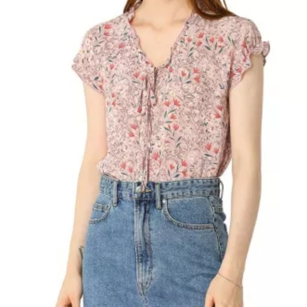 Allegra K Floral Print Blouse Tie V Neck Ruffled Short Sleeve L NWT